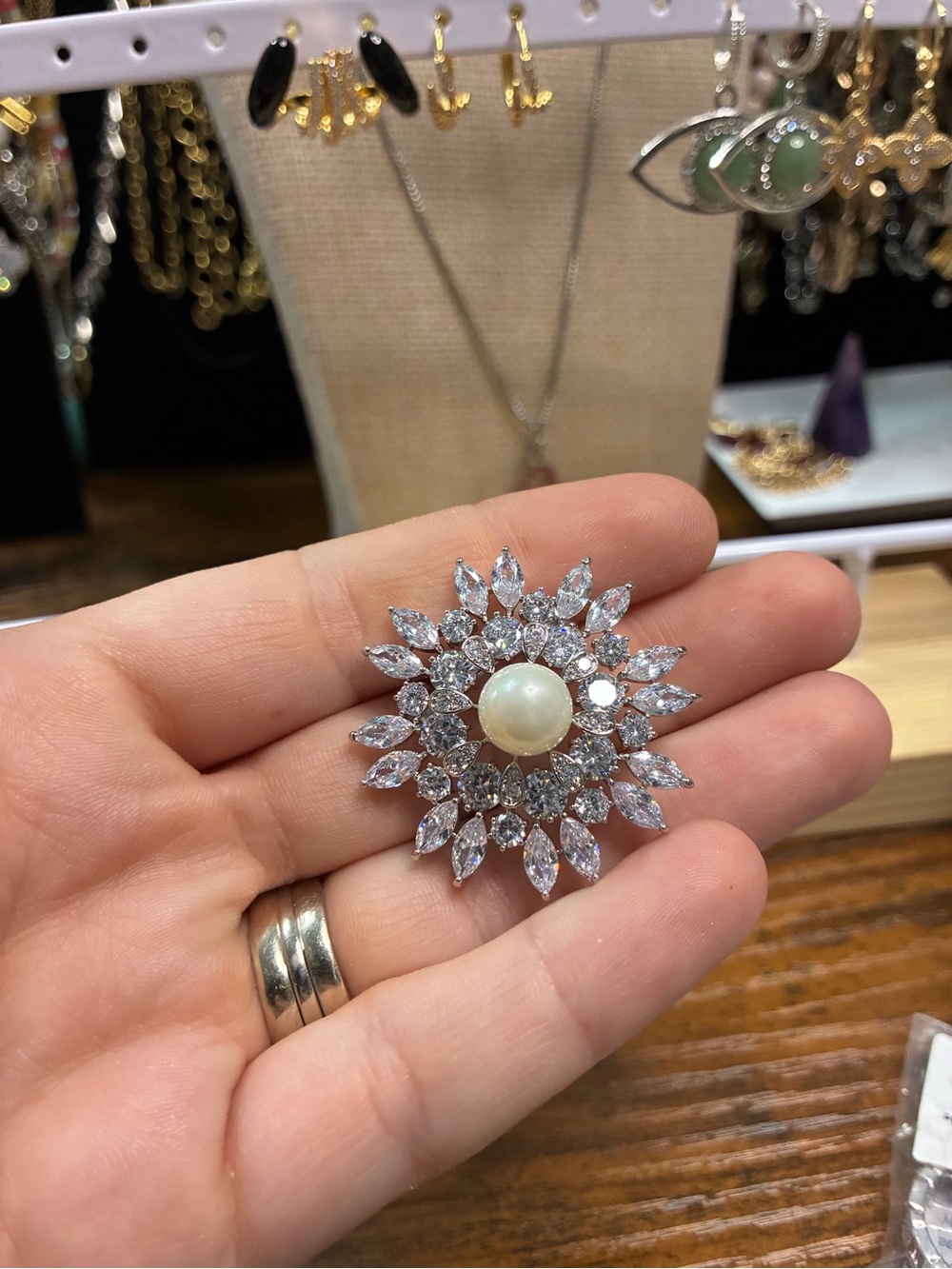 Classic Pearl & Crystal Floral Brooch - Silver Tone